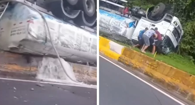 Acidente com caminhão-pipa causa vazamento e interdita trecho da Mogi-Bertioga